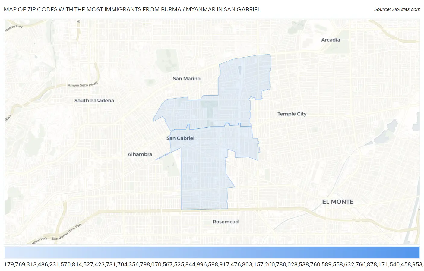 Zip Codes with the Most Immigrants from Burma / Myanmar in San Gabriel Map