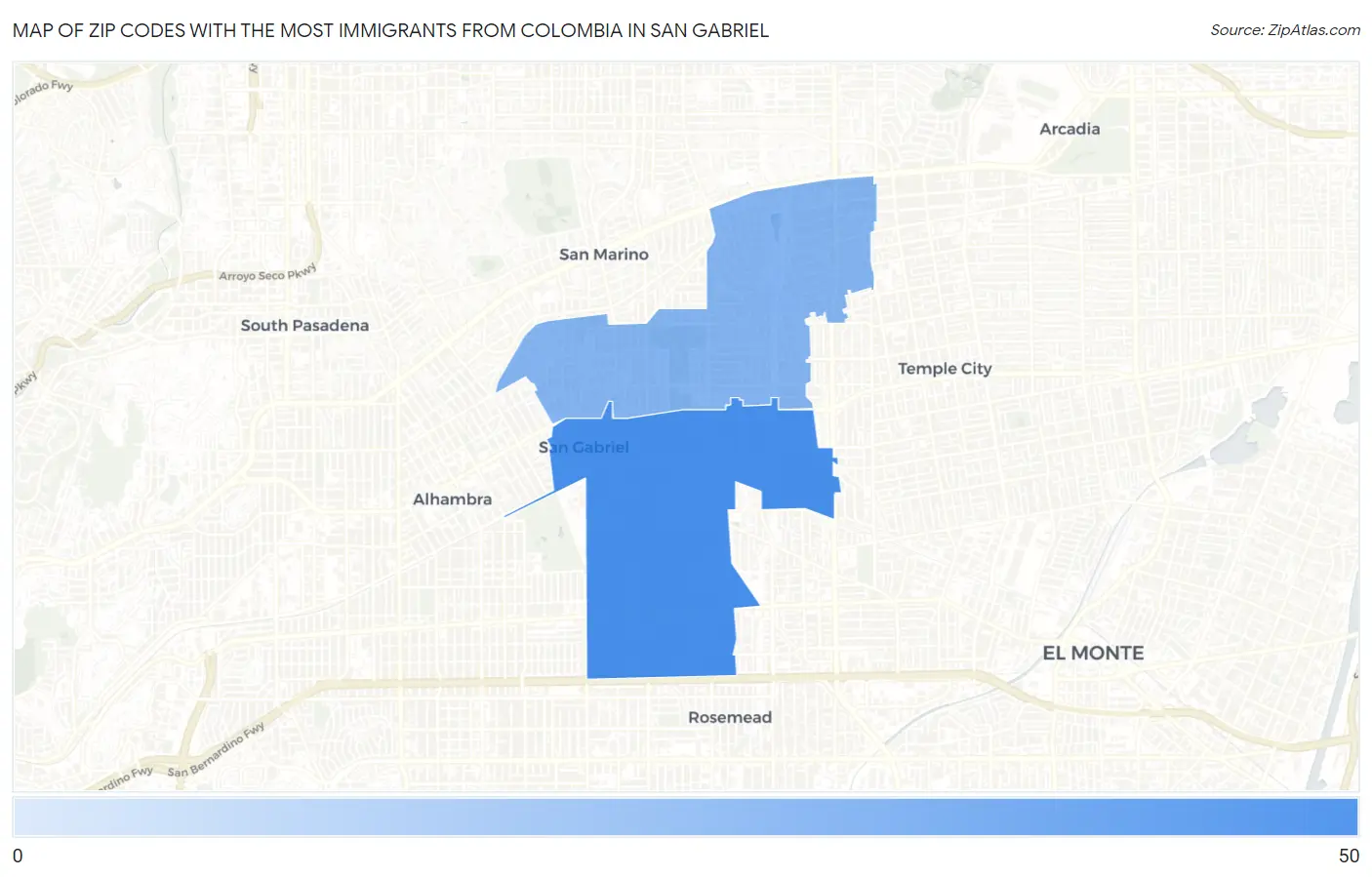 Zip Codes with the Most Immigrants from Colombia in San Gabriel Map