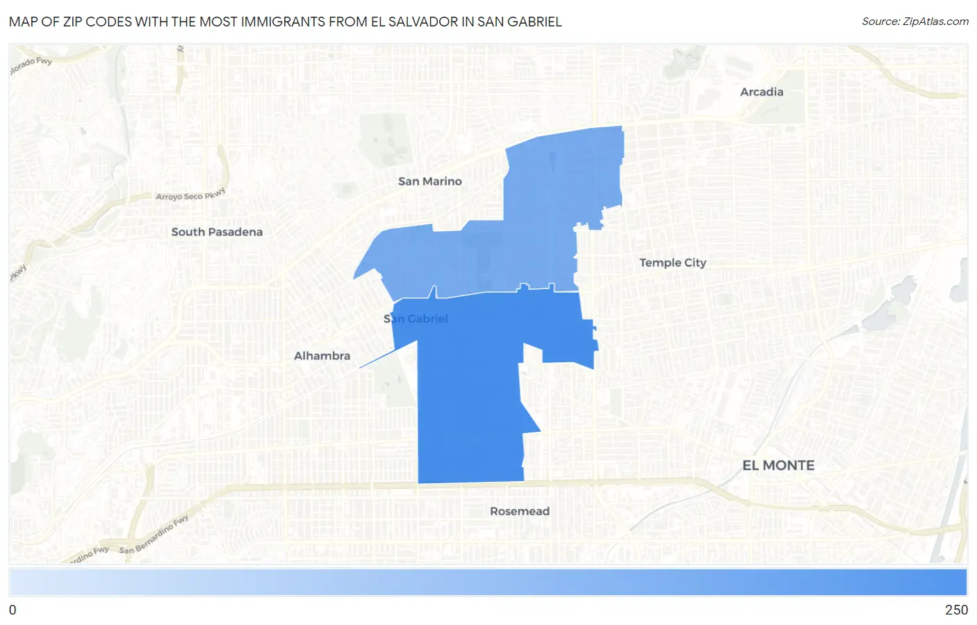 Zip Codes with the Most Immigrants from El Salvador in San Gabriel Map