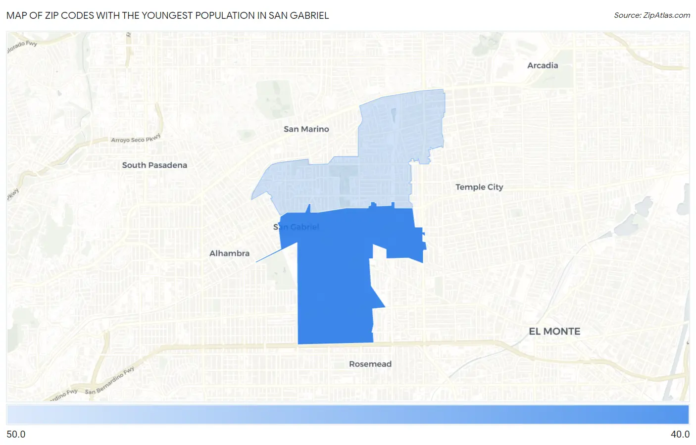 Zip Codes with the Youngest Population in San Gabriel Map