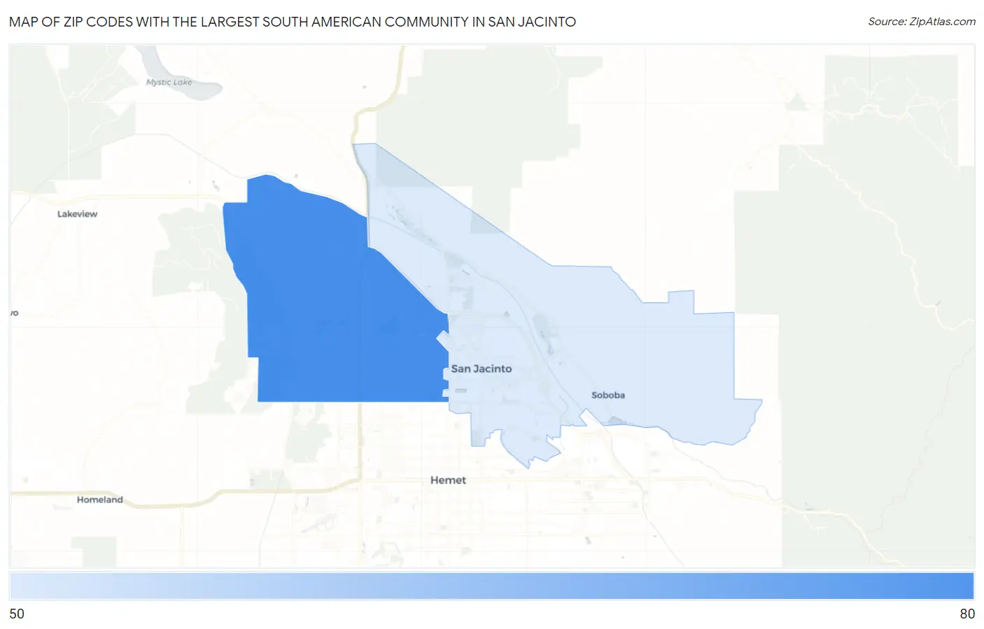 Zip Codes with the Largest South American Community in San Jacinto Map