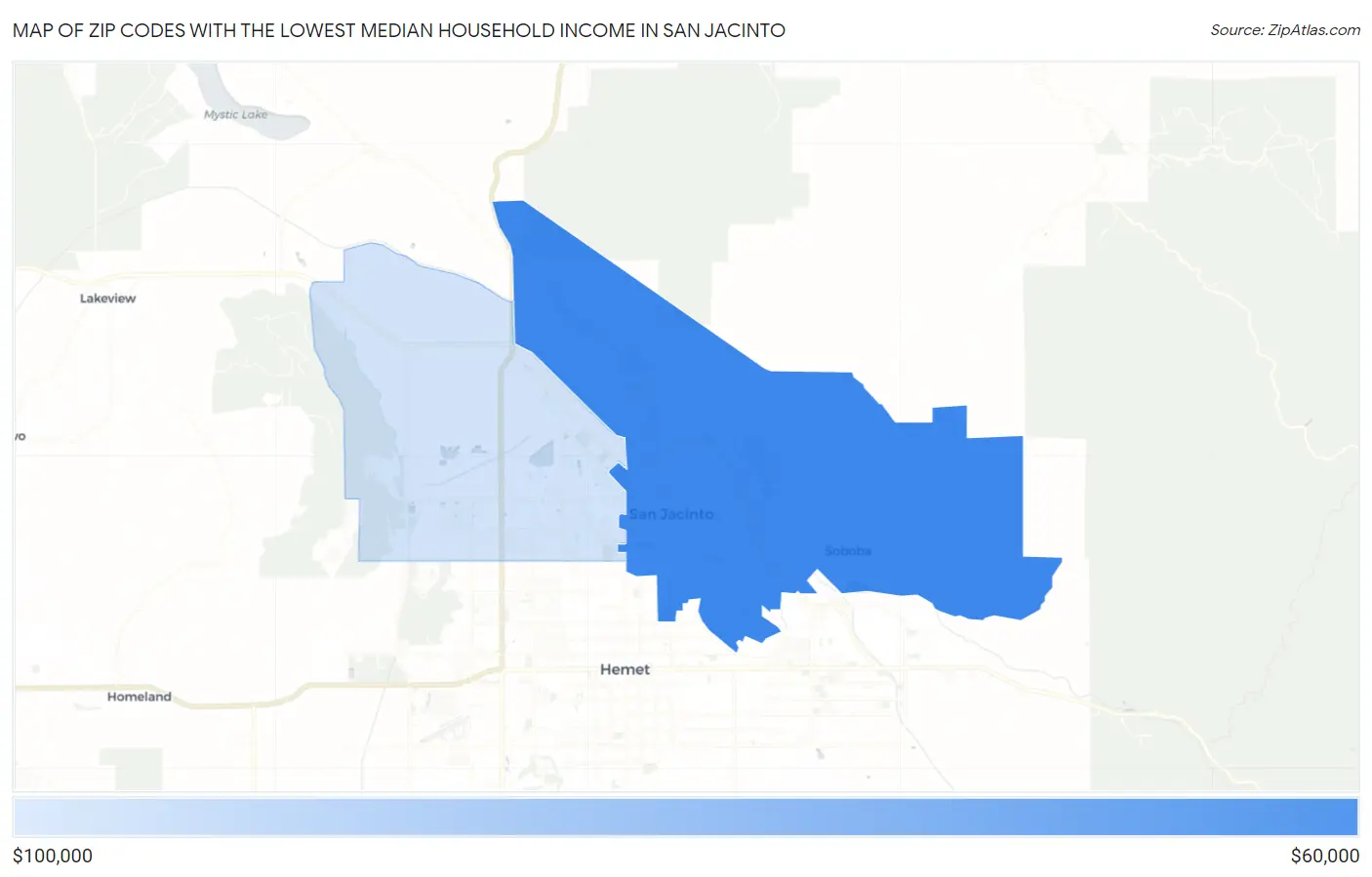 Zip Codes with the Lowest Median Household Income in San Jacinto Map