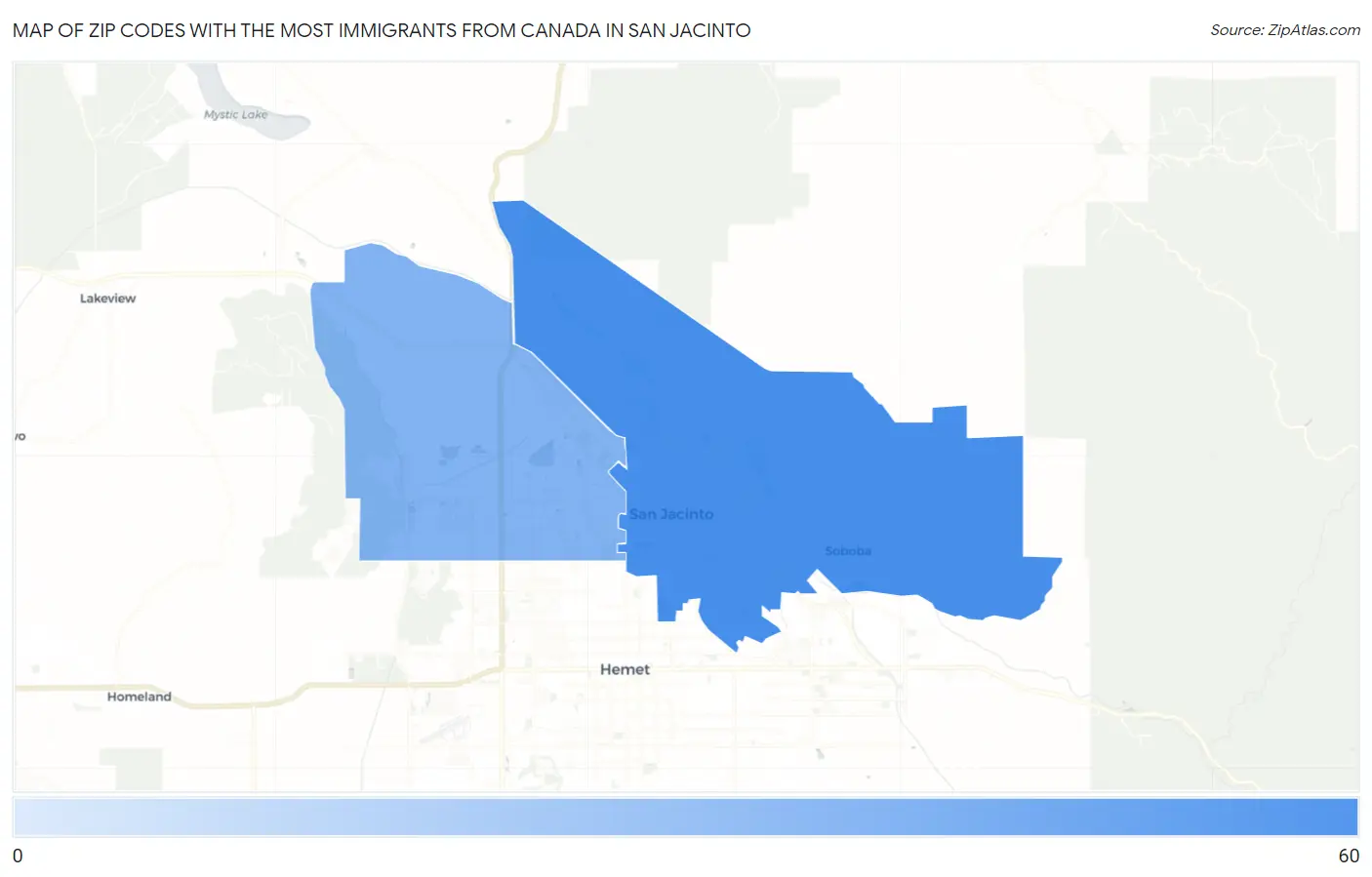 Zip Codes with the Most Immigrants from Canada in San Jacinto Map