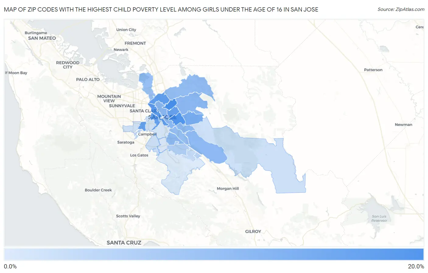Zip Codes with the Highest Child Poverty Level Among Girls Under the Age of 16 in San Jose Map