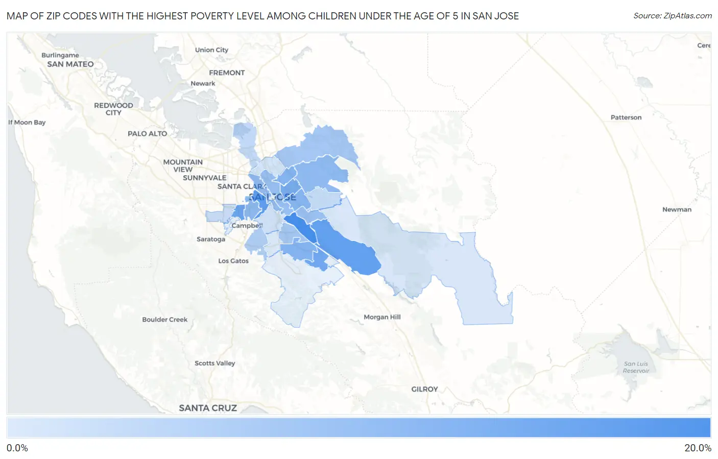Zip Codes with the Highest Poverty Level Among Children Under the Age of 5 in San Jose Map