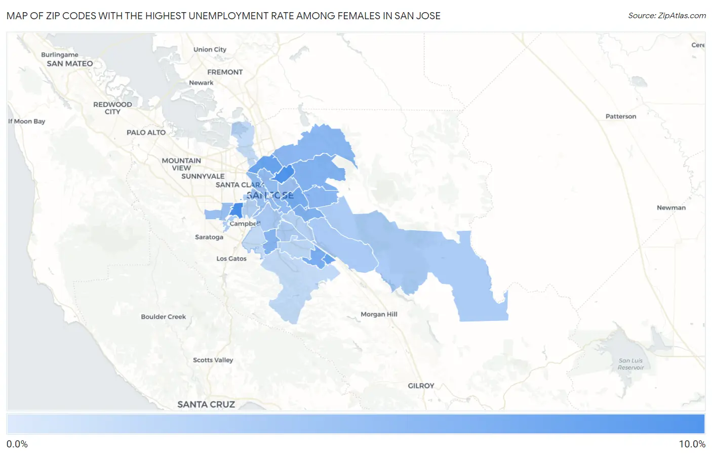 Zip Codes with the Highest Unemployment Rate Among Females in San Jose Map