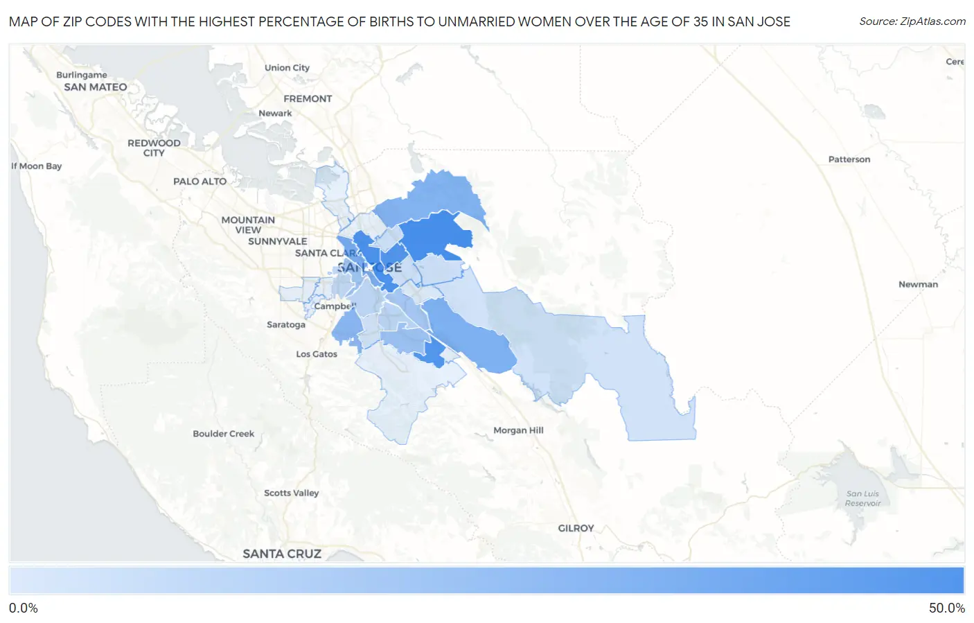 Zip Codes with the Highest Percentage of Births to Unmarried Women over the Age of 35 in San Jose Map