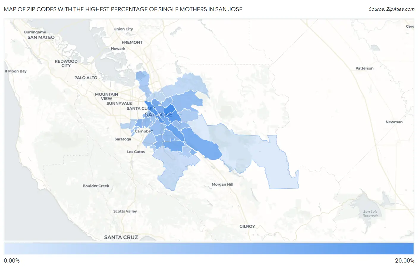 Zip Codes with the Highest Percentage of Single Mothers in San Jose Map