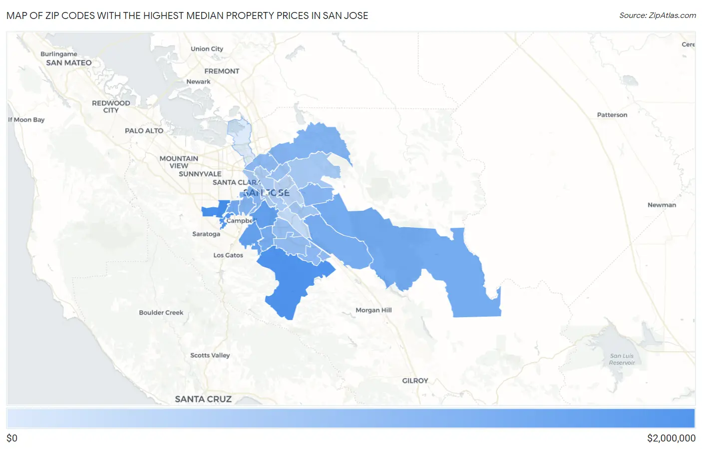 Zip Codes with the Highest Median Property Prices in San Jose Map