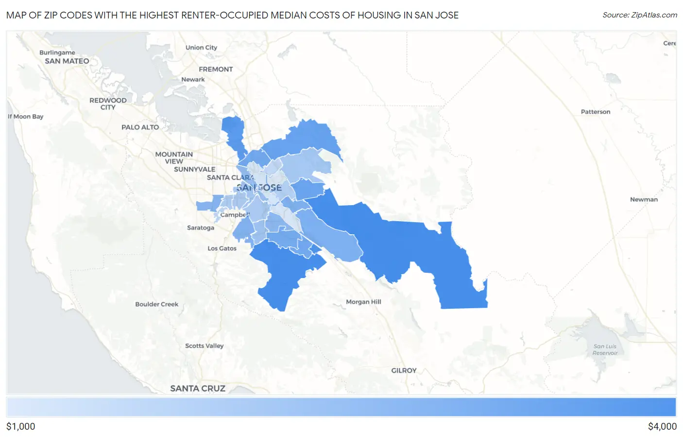 Zip Codes with the Highest Renter-Occupied Median Costs of Housing in San Jose Map