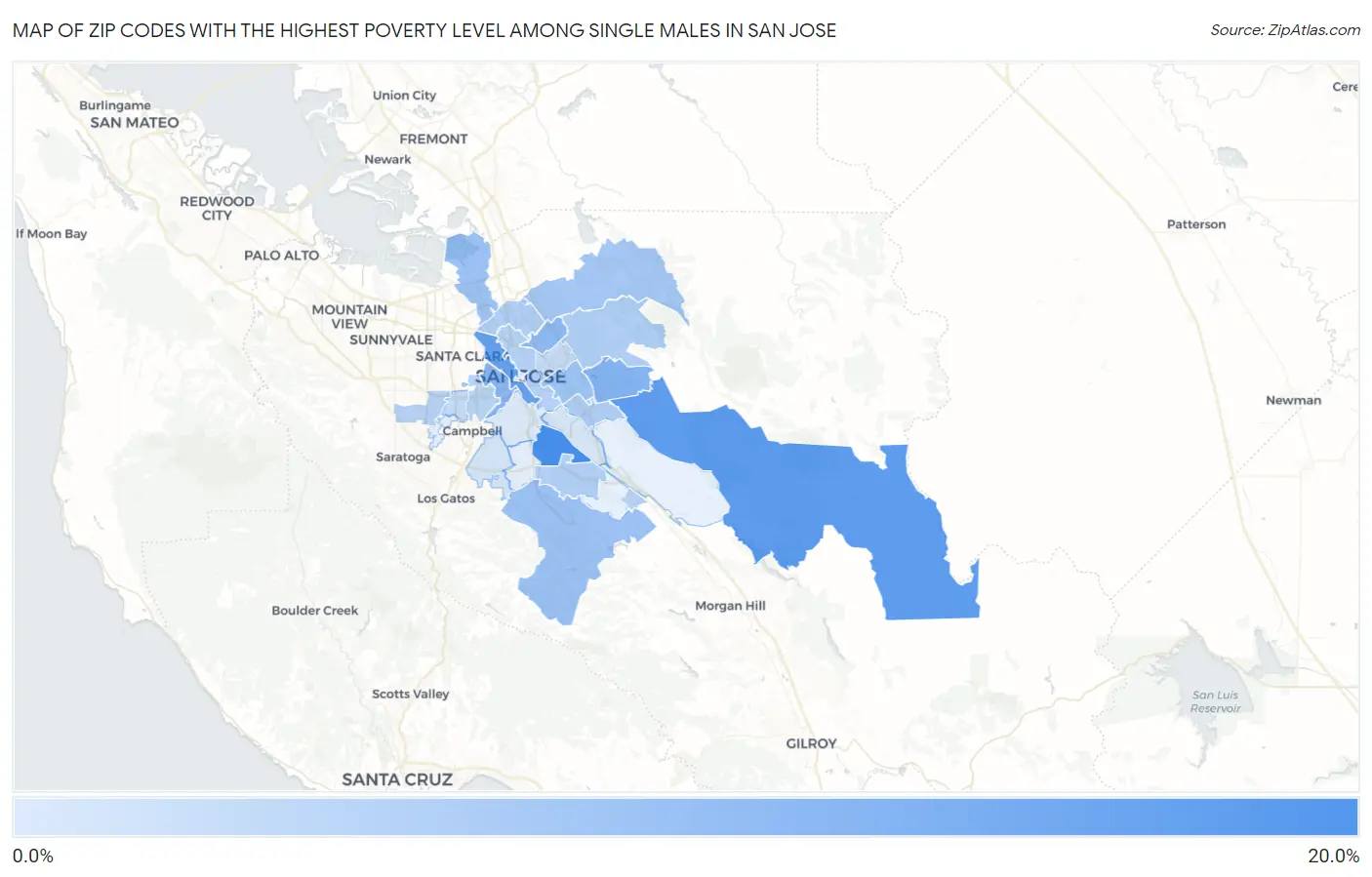 Zip Codes with the Highest Poverty Level Among Single Males in San Jose Map