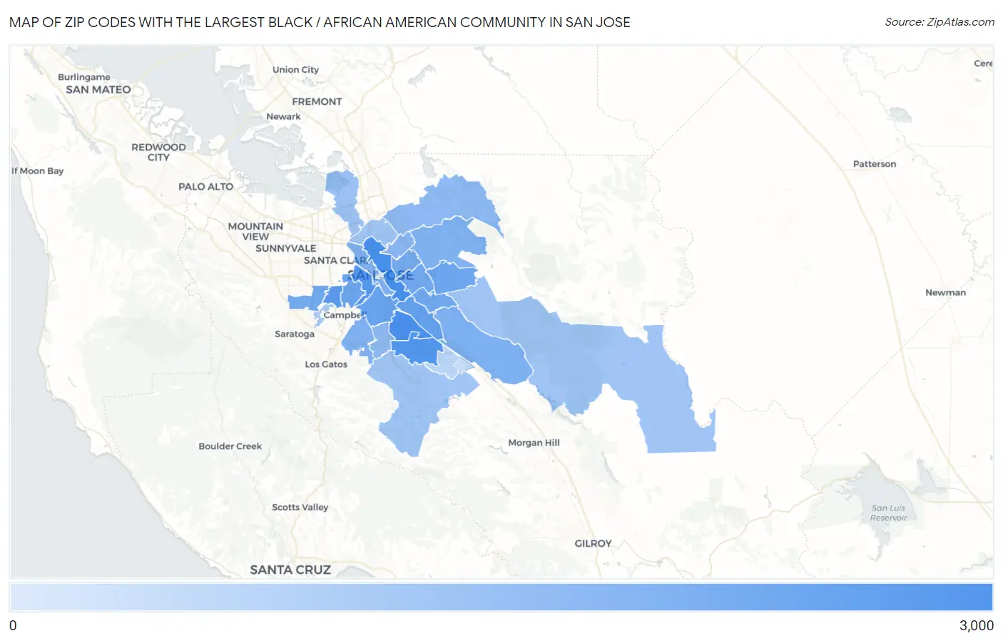 Zip Codes with the Largest Black / African American Community in San Jose Map