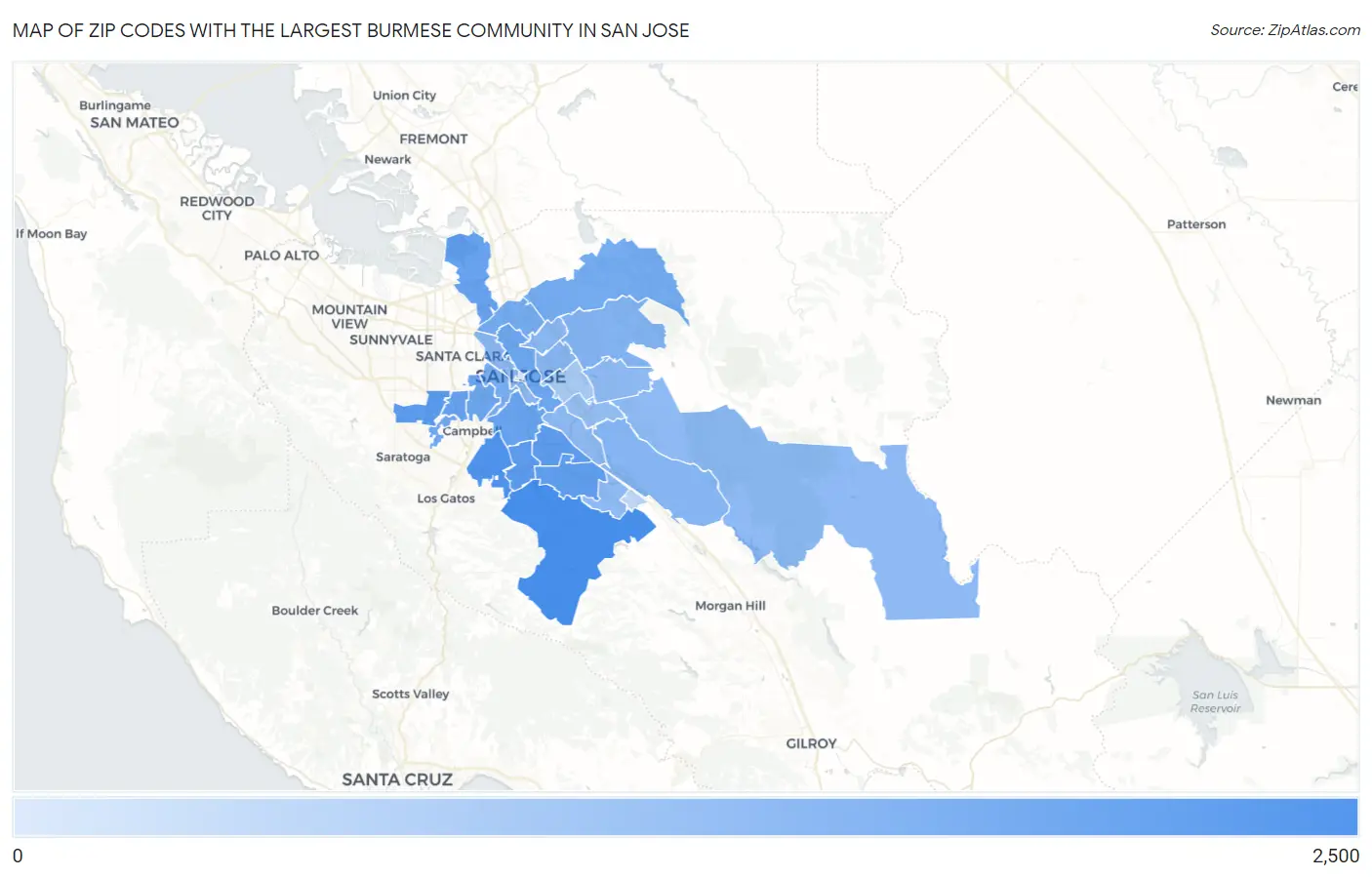Zip Codes with the Largest Burmese Community in San Jose Map