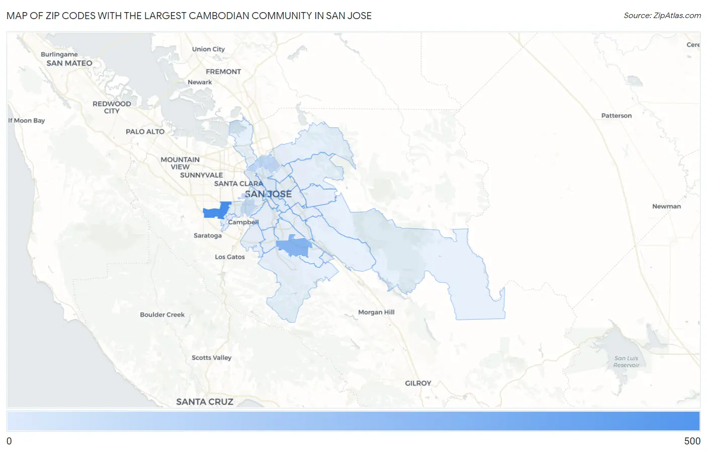 Zip Codes with the Largest Cambodian Community in San Jose Map
