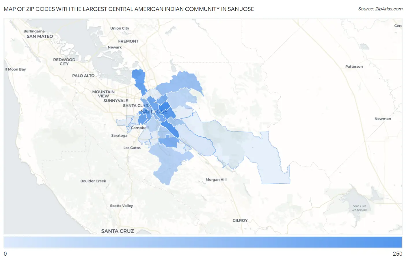 Zip Codes with the Largest Central American Indian Community in San Jose Map