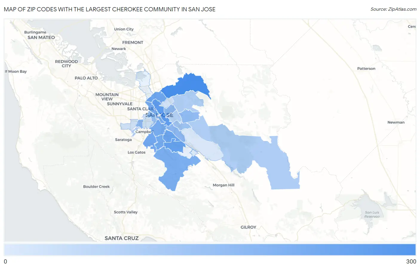 Zip Codes with the Largest Cherokee Community in San Jose Map