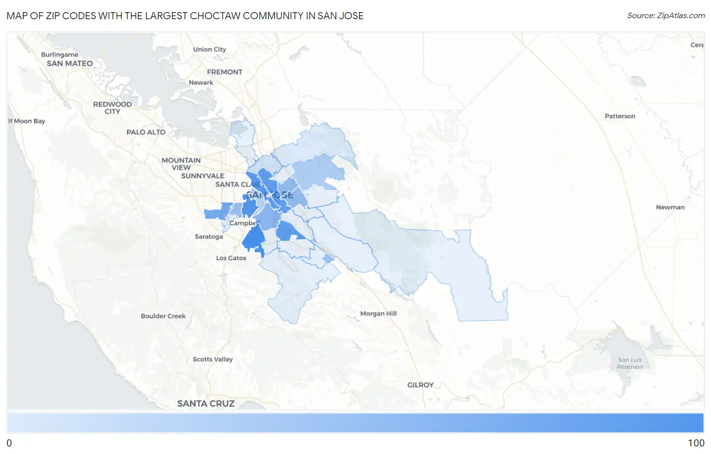 Zip Codes with the Largest Choctaw Community in San Jose Map