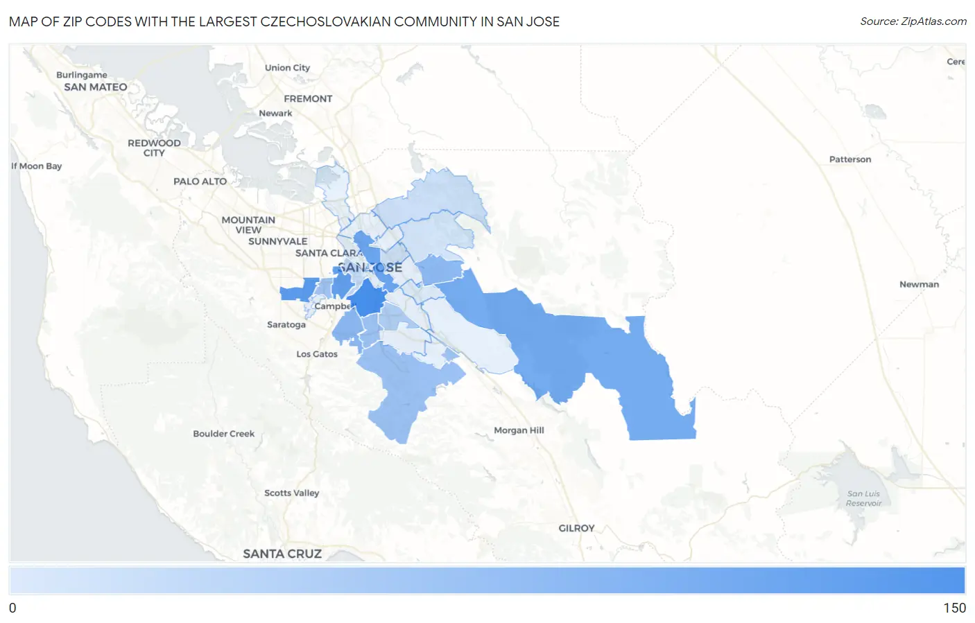 Zip Codes with the Largest Czechoslovakian Community in San Jose Map