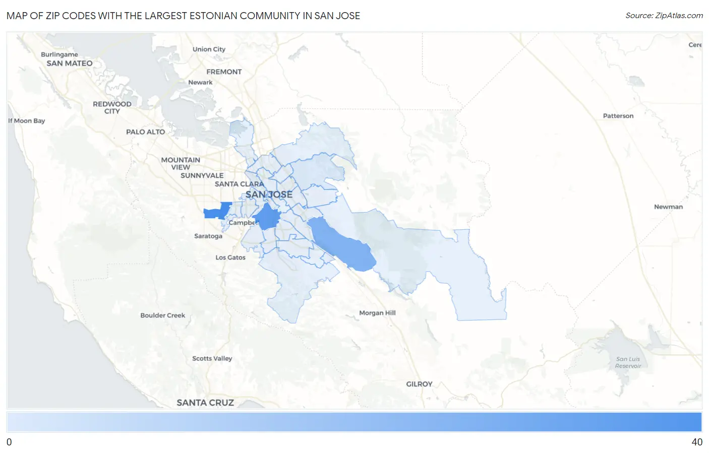 Zip Codes with the Largest Estonian Community in San Jose Map