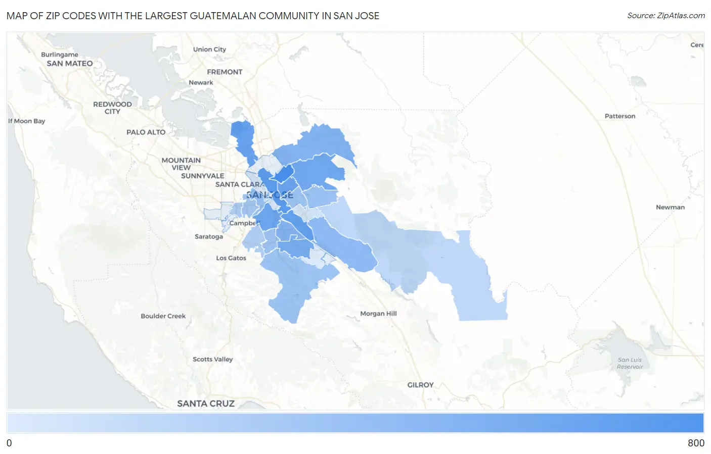 Zip Codes with the Largest Guatemalan Community in San Jose Map
