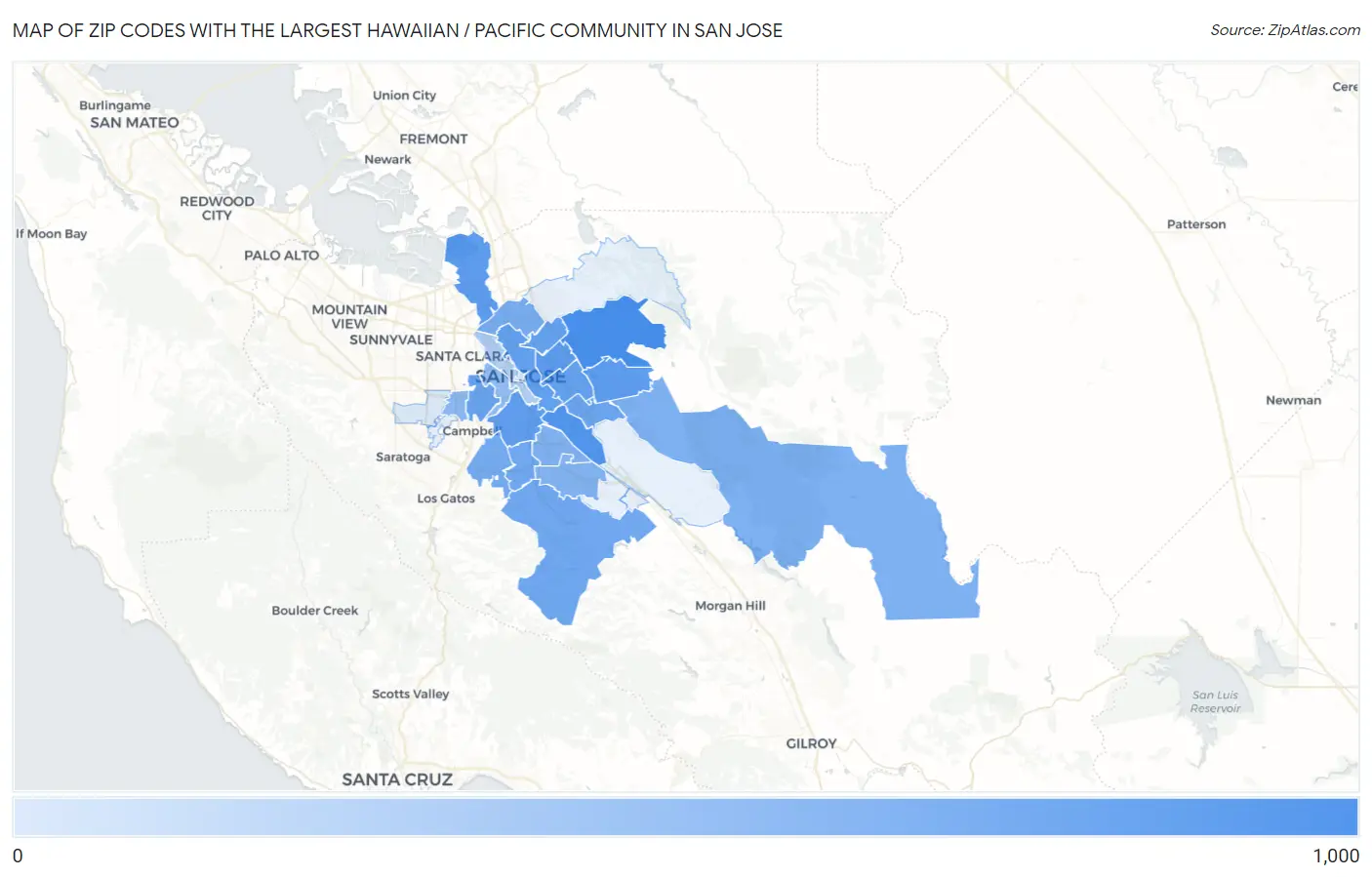 Zip Codes with the Largest Hawaiian / Pacific Community in San Jose Map
