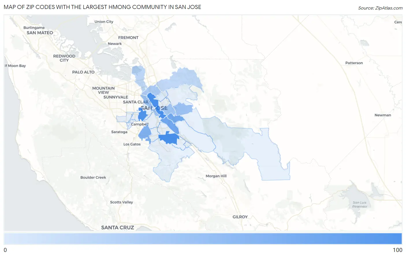 Zip Codes with the Largest Hmong Community in San Jose Map