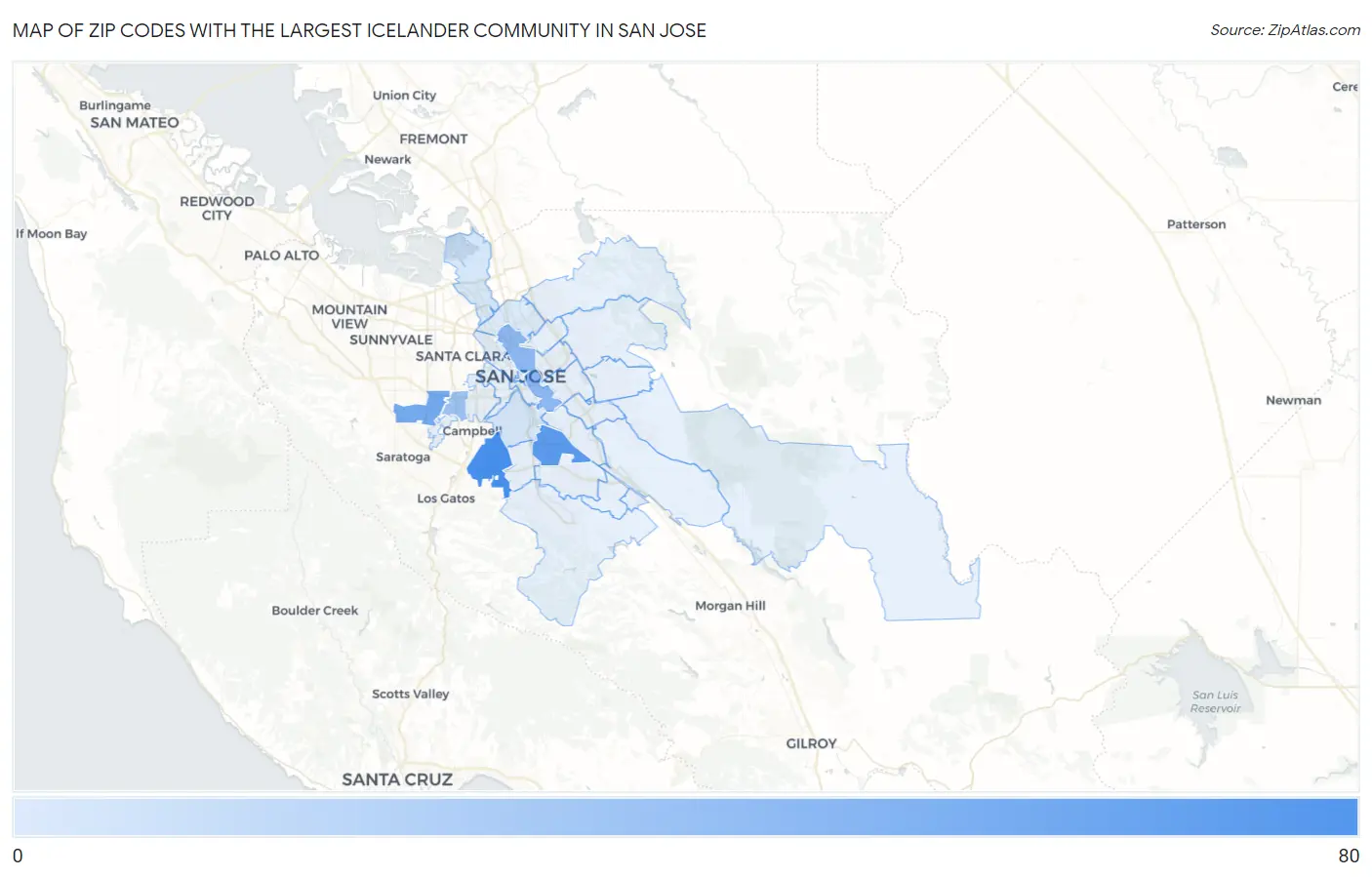 Zip Codes with the Largest Icelander Community in San Jose Map