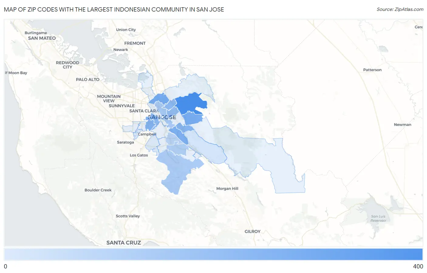 Zip Codes with the Largest Indonesian Community in San Jose Map