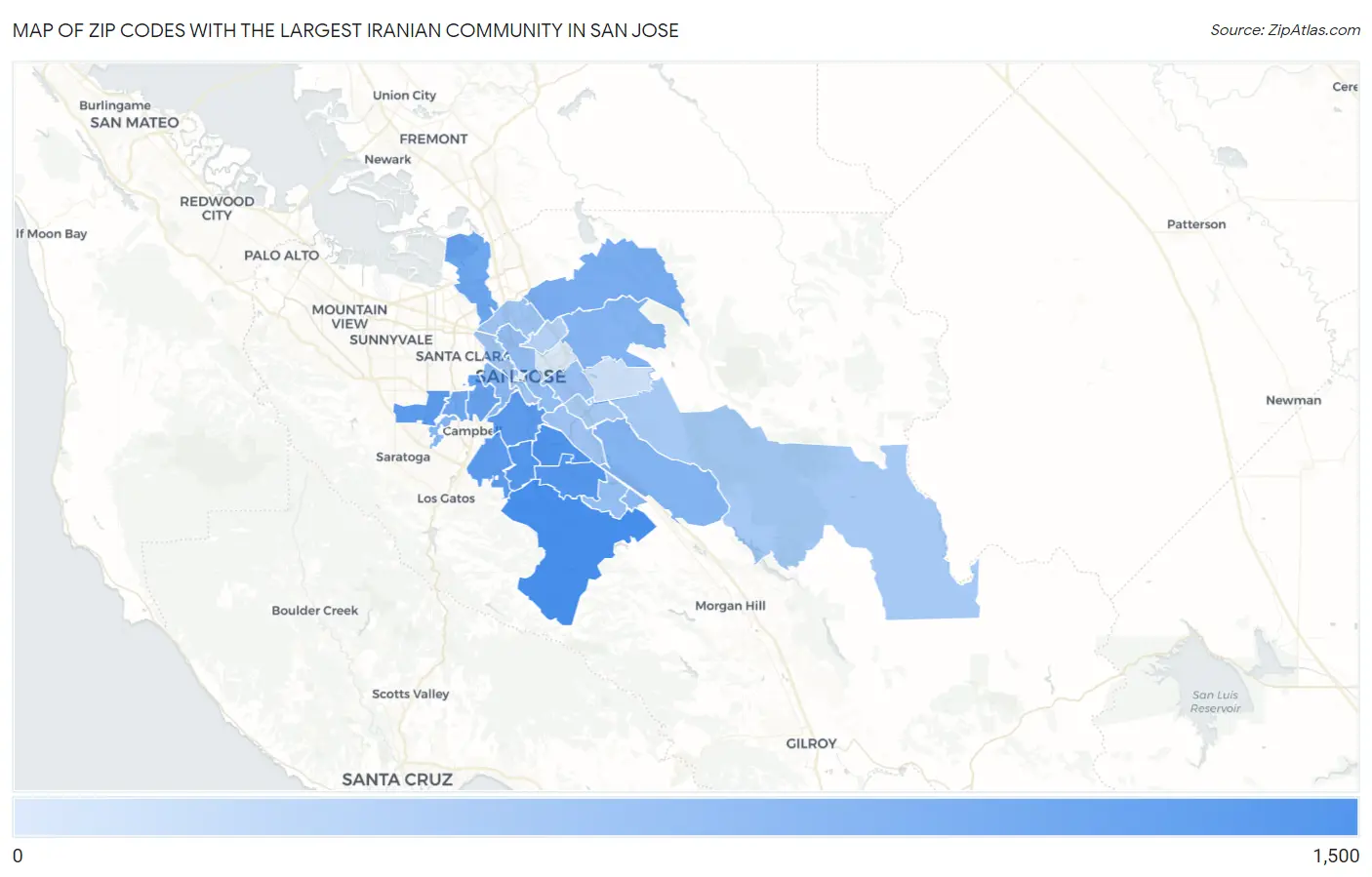 Zip Codes with the Largest Iranian Community in San Jose Map