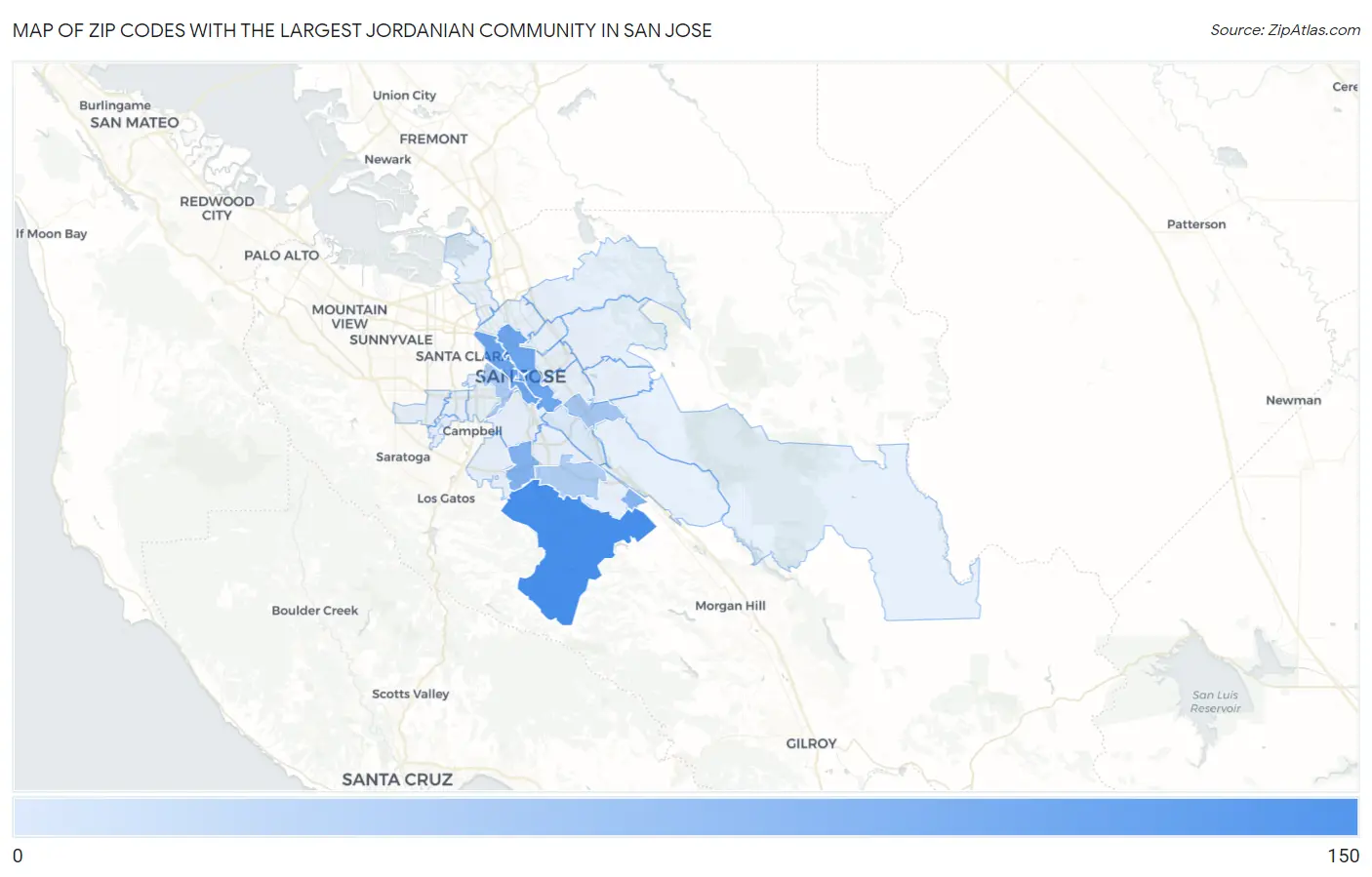 Zip Codes with the Largest Jordanian Community in San Jose Map
