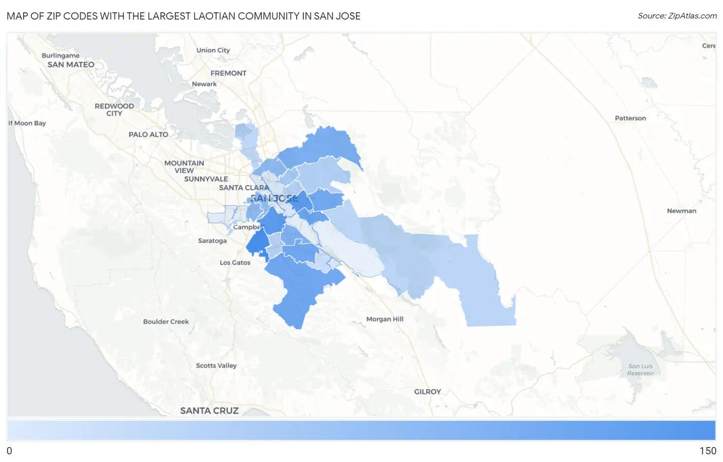 Zip Codes with the Largest Laotian Community in San Jose Map