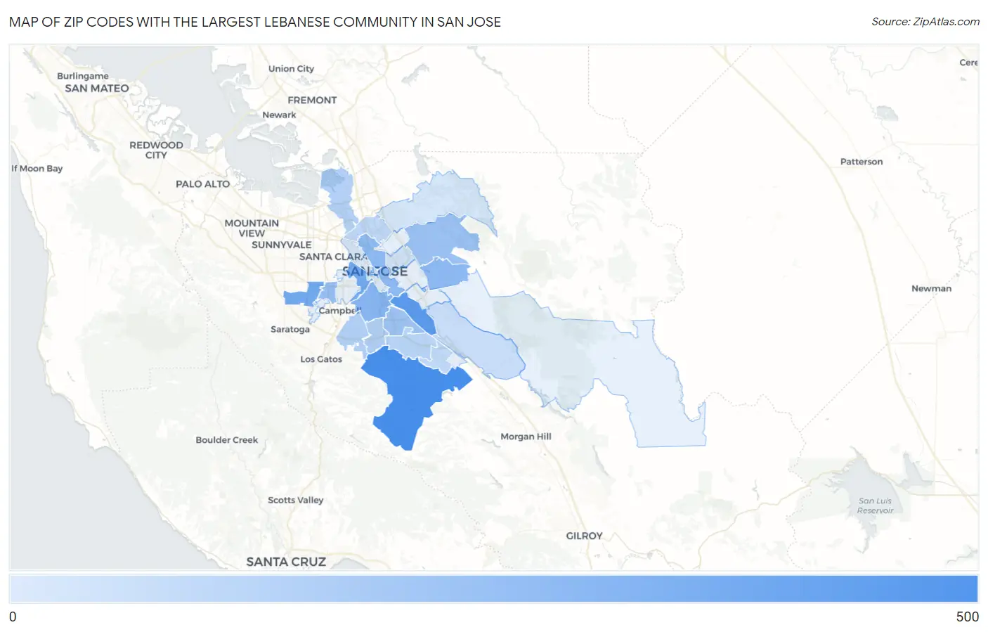 Zip Codes with the Largest Lebanese Community in San Jose Map