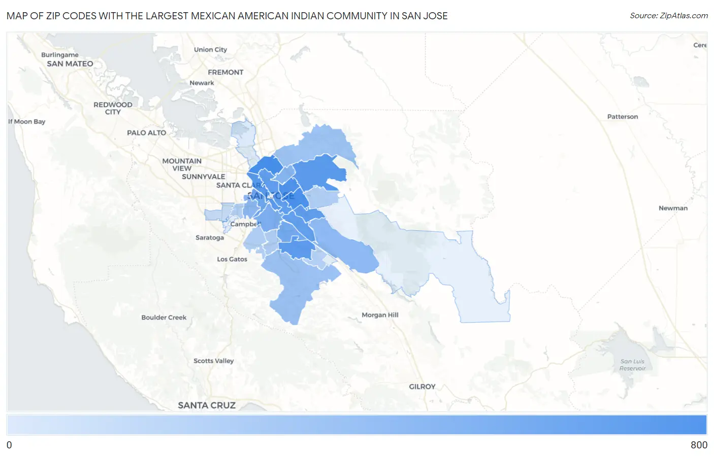 Zip Codes with the Largest Mexican American Indian Community in San Jose Map