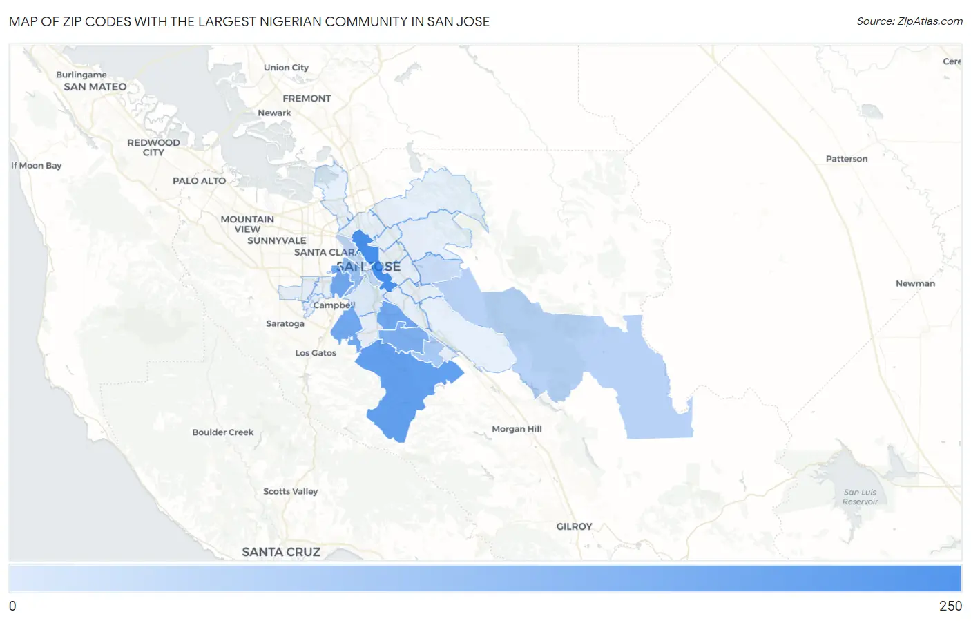 Zip Codes with the Largest Nigerian Community in San Jose Map