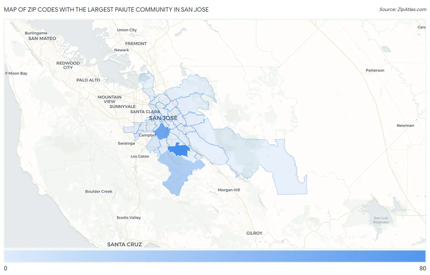 Zip Codes with the Largest Paiute Community in San Jose Map