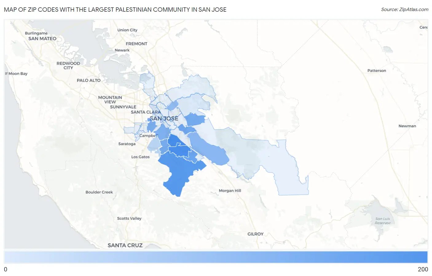 Zip Codes with the Largest Palestinian Community in San Jose Map
