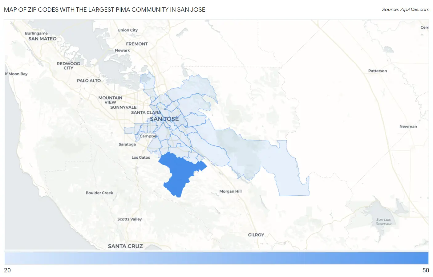 Zip Codes with the Largest Pima Community in San Jose Map