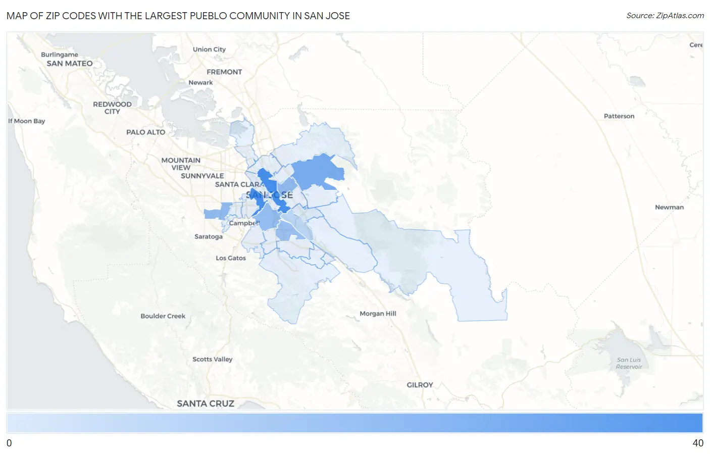 Zip Codes with the Largest Pueblo Community in San Jose Map