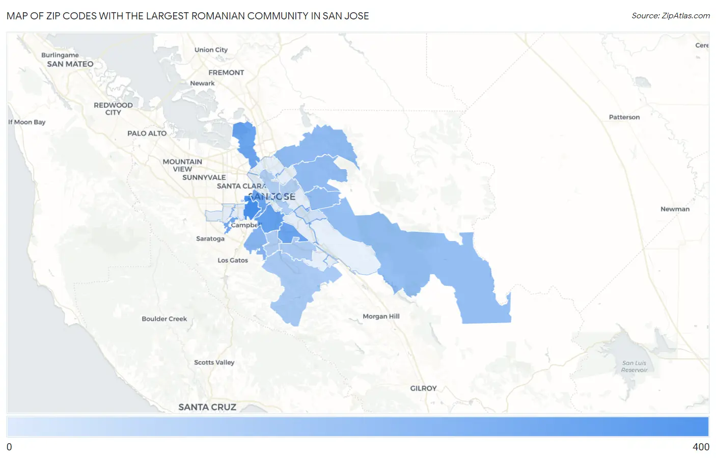 Zip Codes with the Largest Romanian Community in San Jose Map