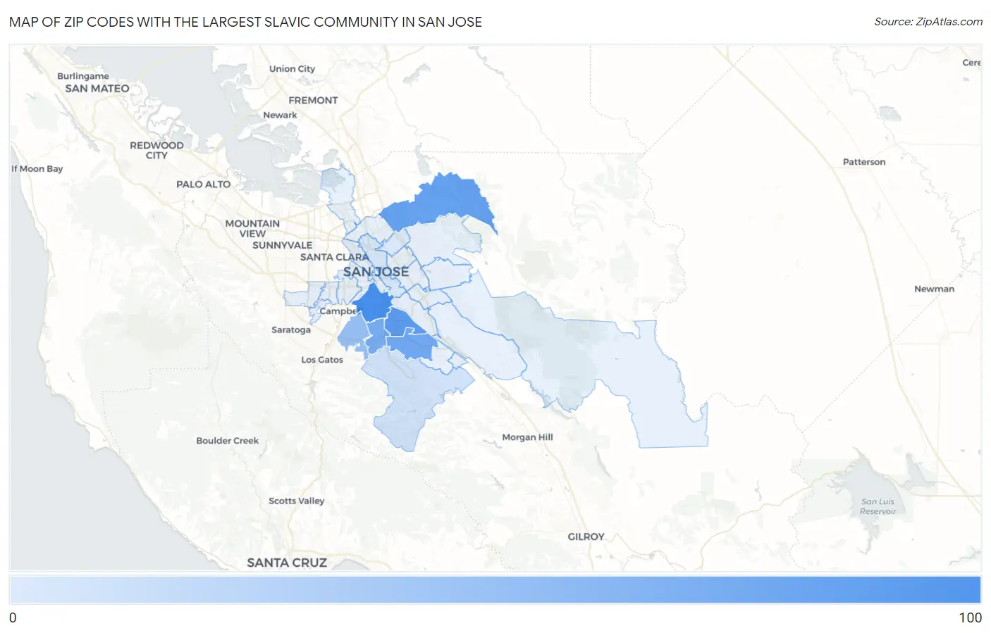 Zip Codes with the Largest Slavic Community in San Jose Map