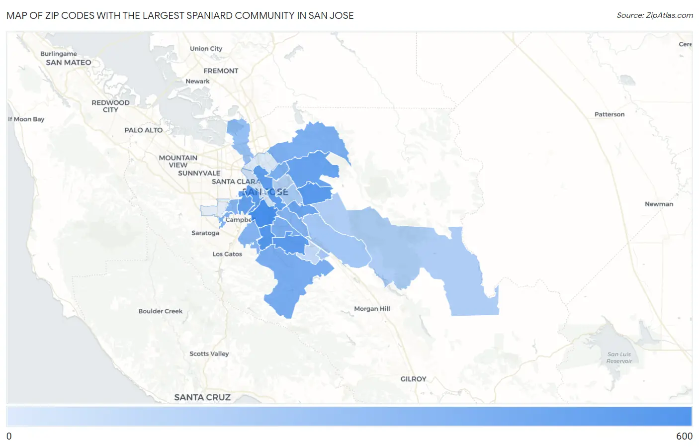 Zip Codes with the Largest Spaniard Community in San Jose Map