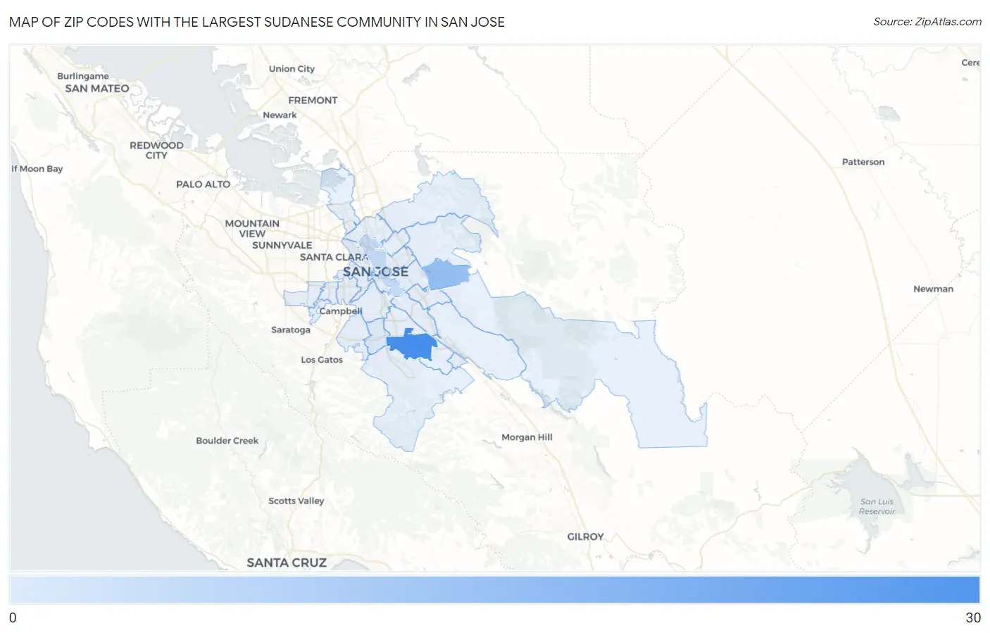 Zip Codes with the Largest Sudanese Community in San Jose Map