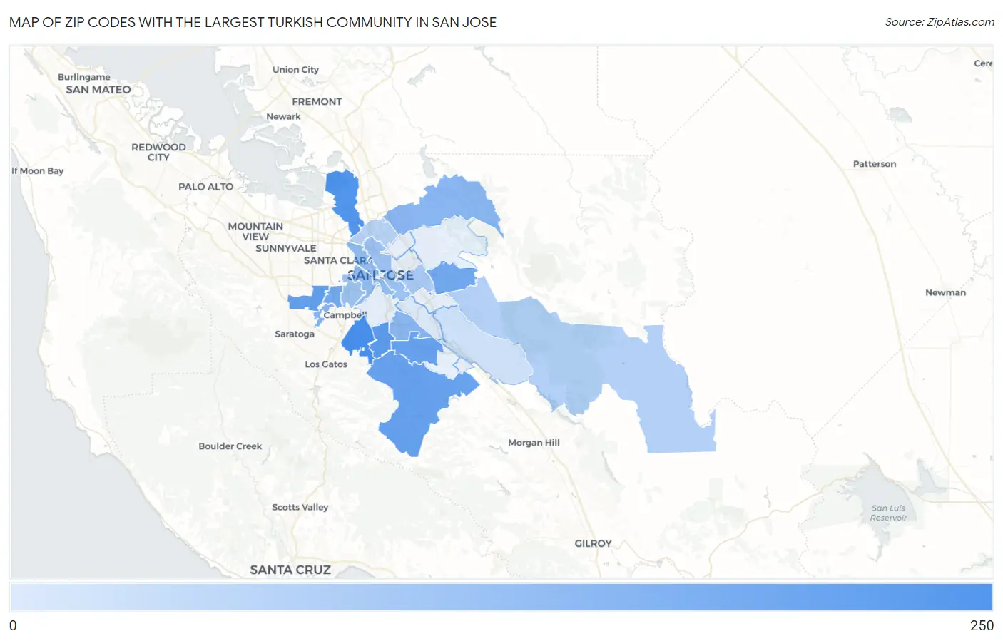 Zip Codes with the Largest Turkish Community in San Jose Map