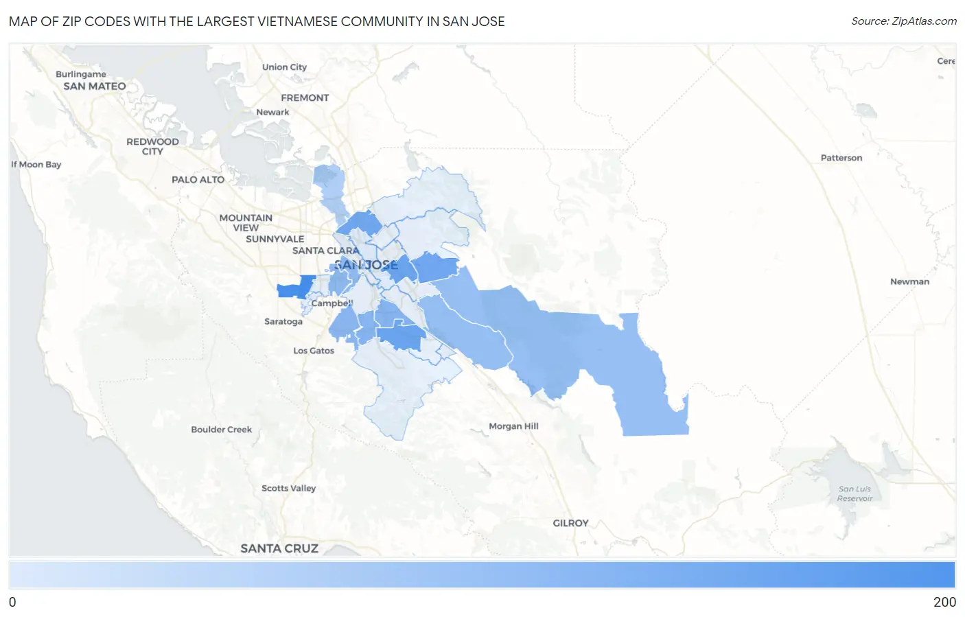 Zip Codes with the Largest Vietnamese Community in San Jose Map