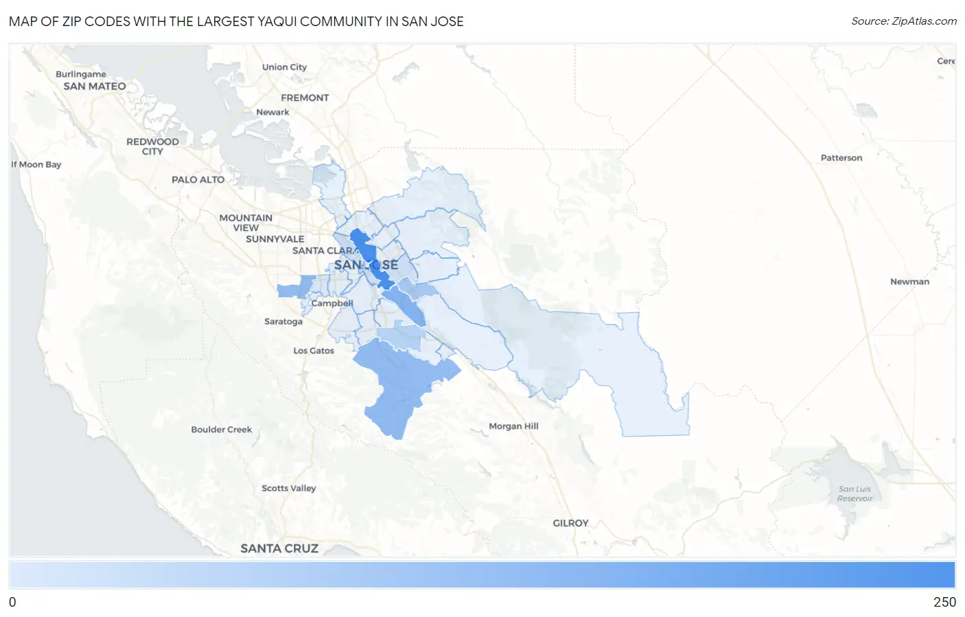 Zip Codes with the Largest Yaqui Community in San Jose Map