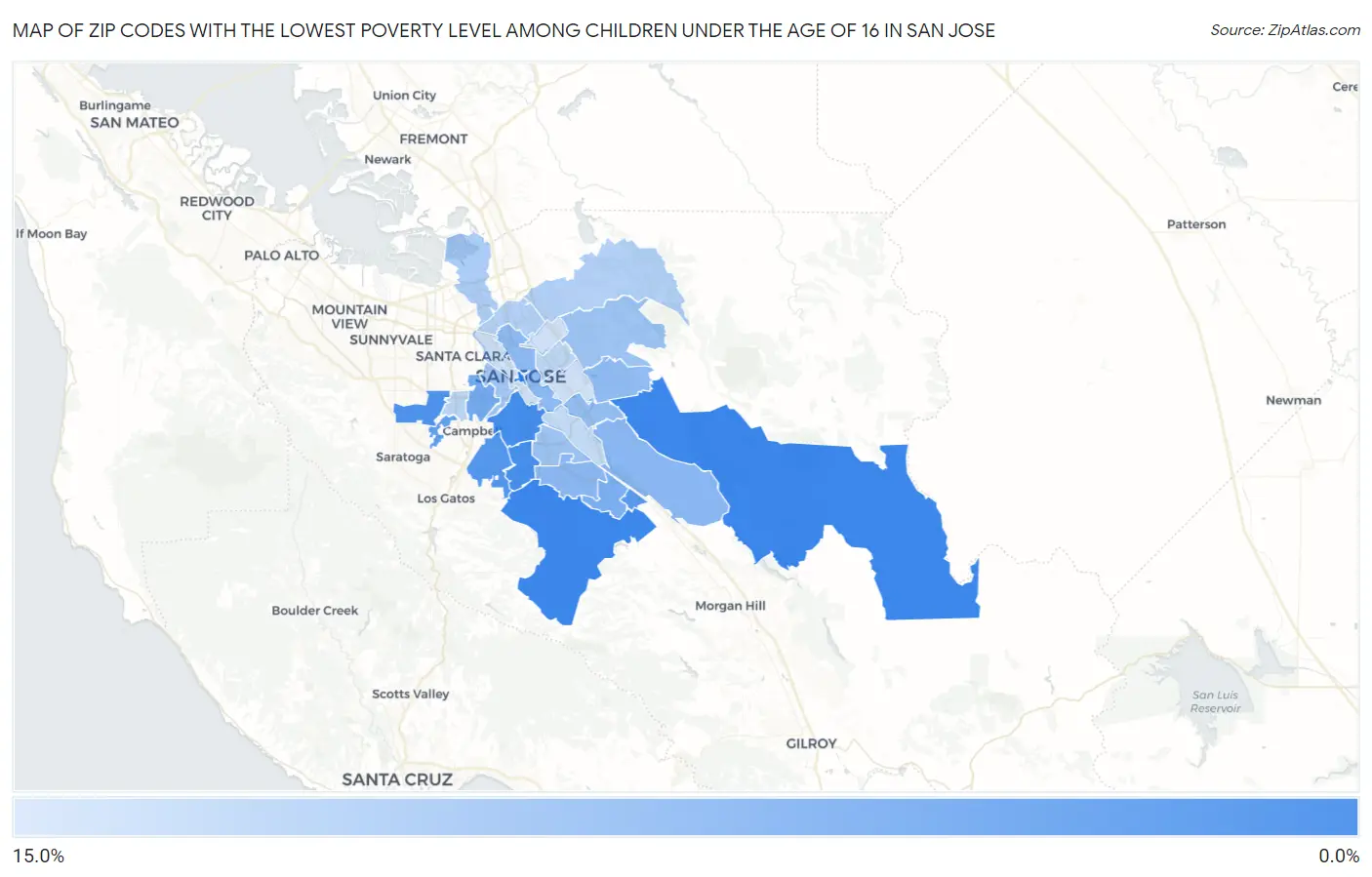 Zip Codes with the Lowest Poverty Level Among Children Under the Age of 16 in San Jose Map