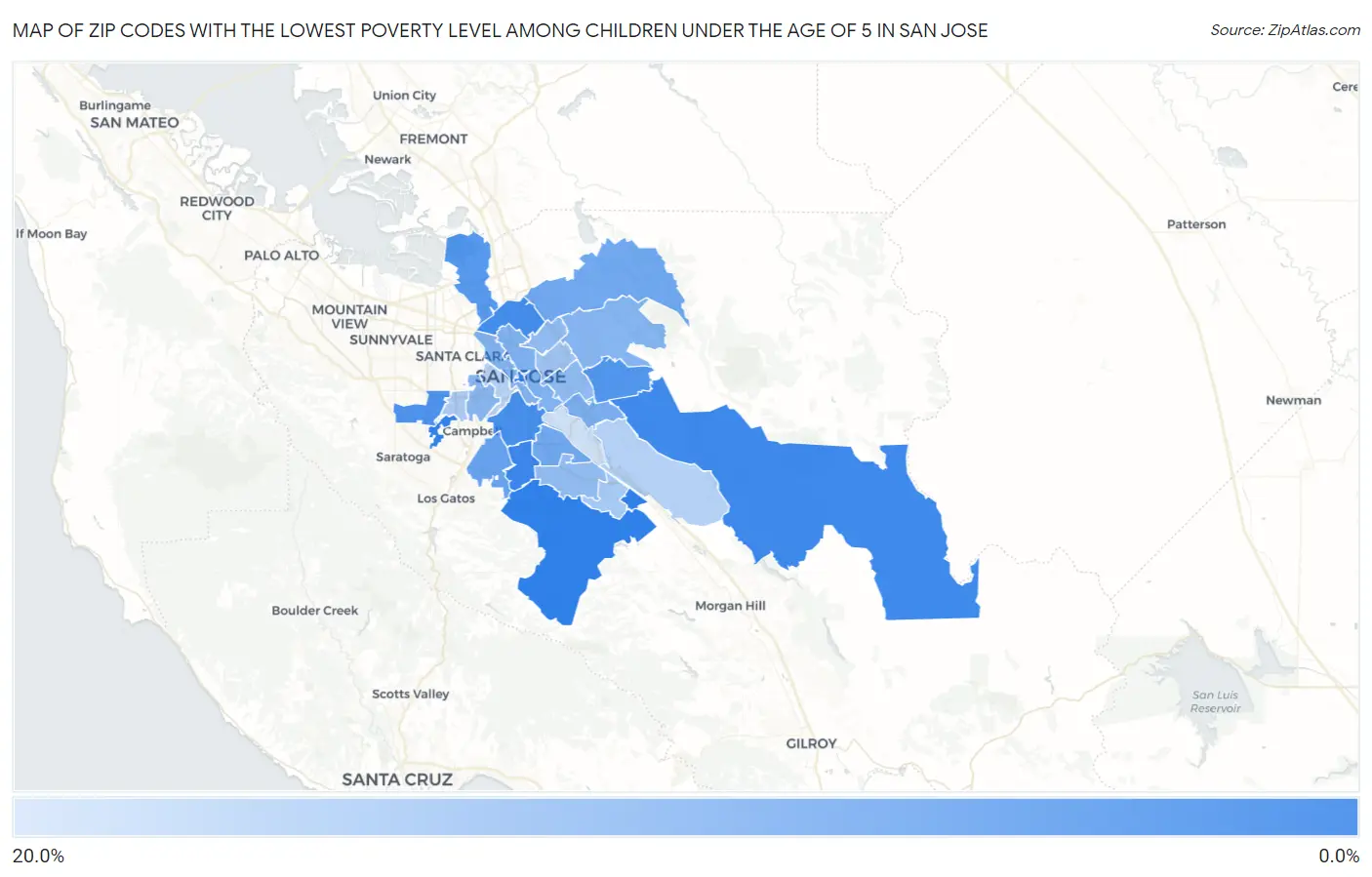 Zip Codes with the Lowest Poverty Level Among Children Under the Age of 5 in San Jose Map