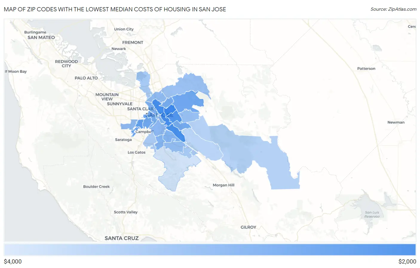 Zip Codes with the Lowest Median Costs of Housing in San Jose Map