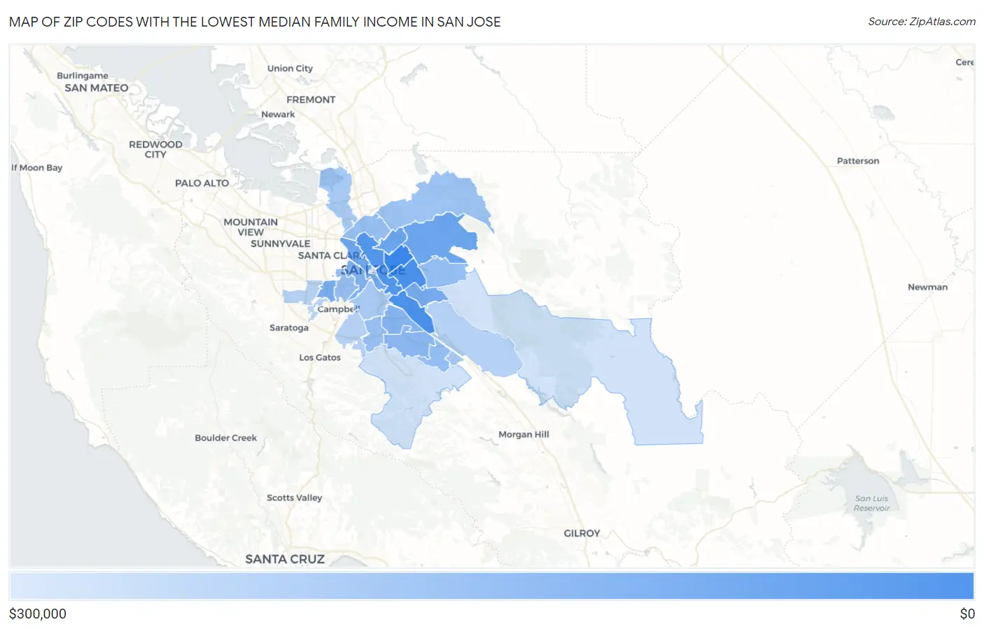 Zip Codes with the Lowest Median Family Income in San Jose Map