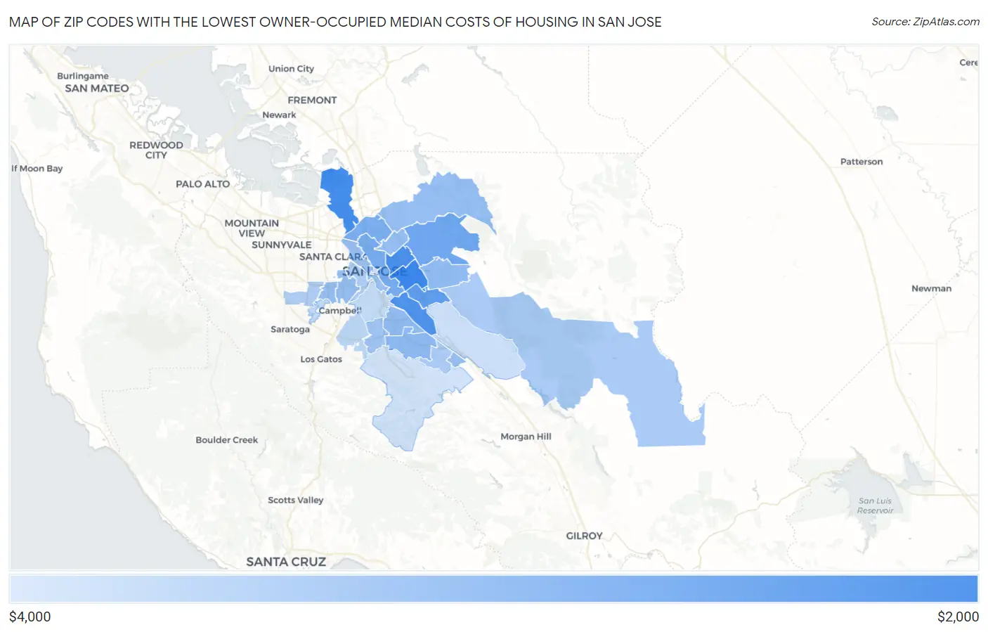 Zip Codes with the Lowest Owner-Occupied Median Costs of Housing in San Jose Map